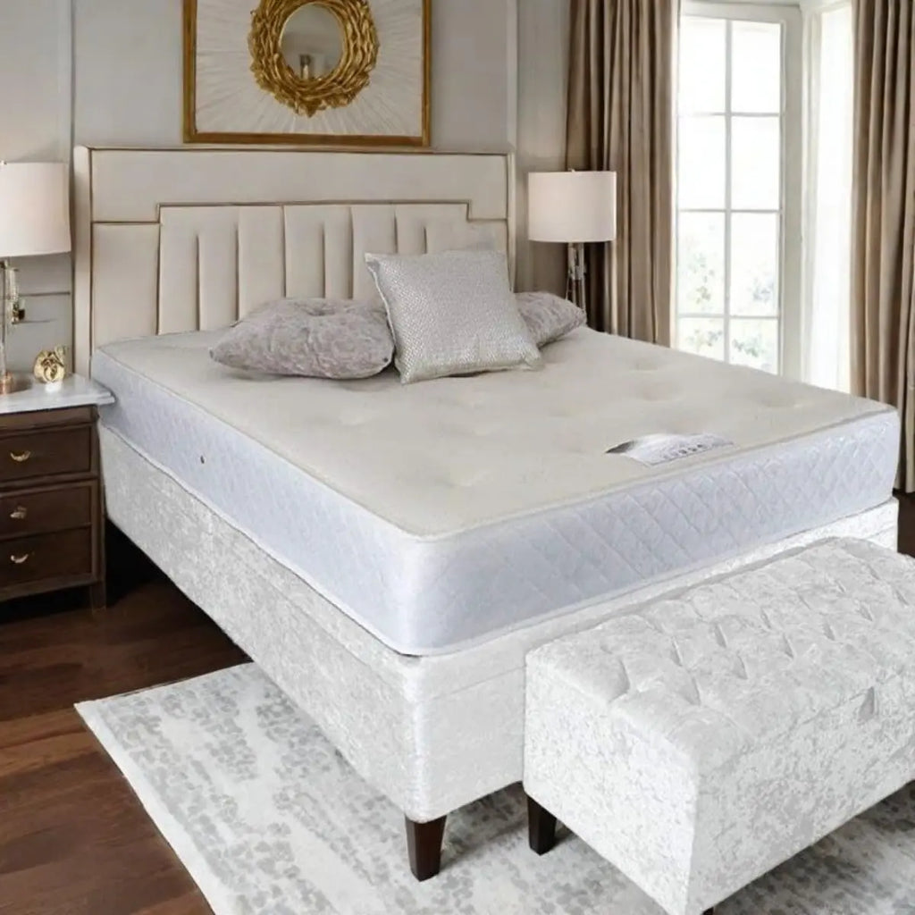 Off-white crushed velvet bed skirt with ottoman