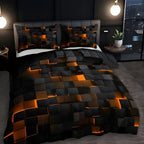 Orange 3D geometric comforter set on bed