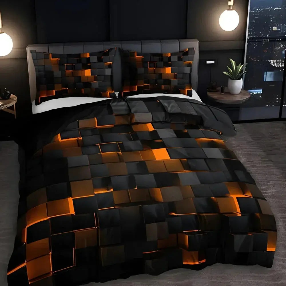 Orange 3D geometric comforter set on bed