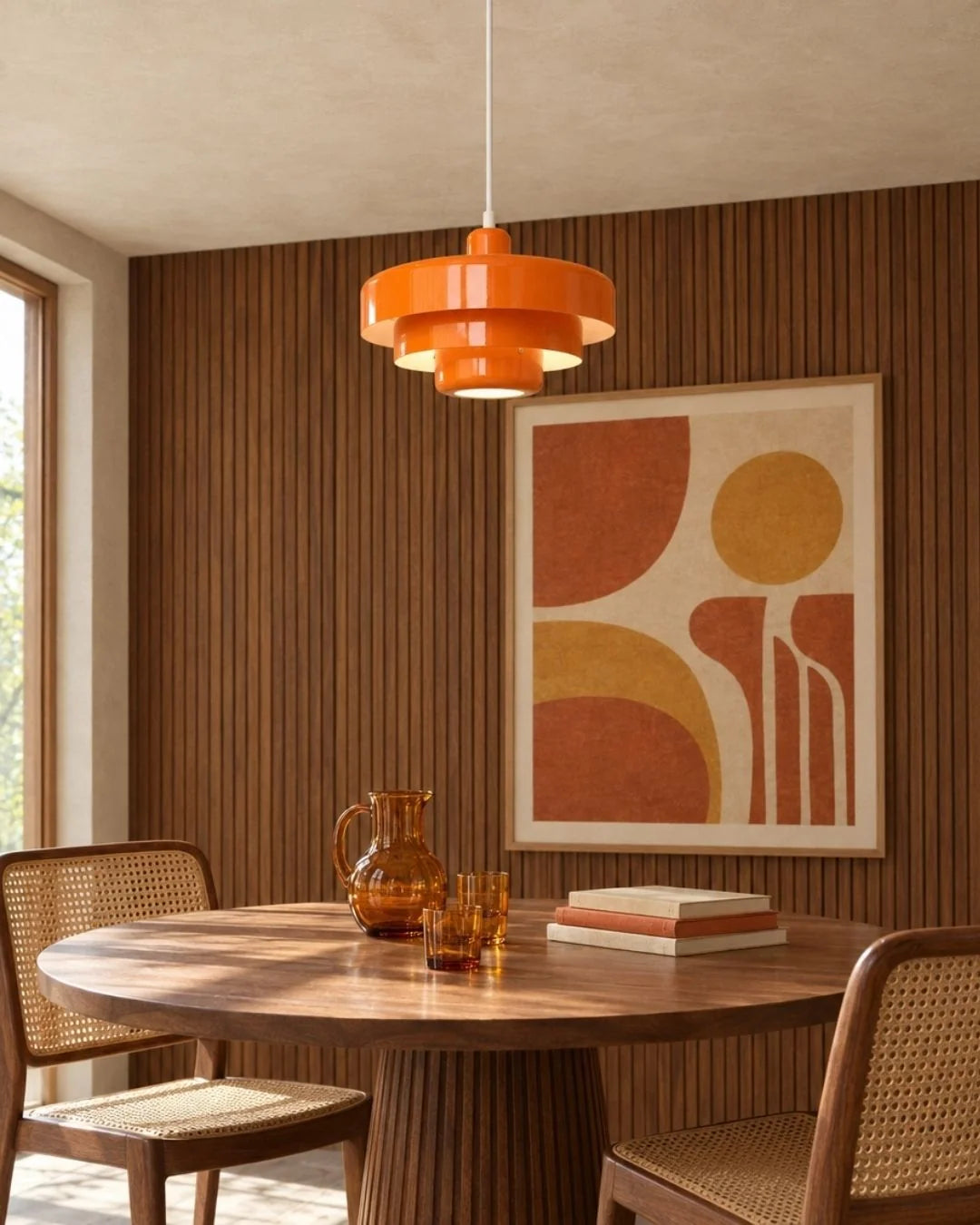 Orange pendant light over dining table