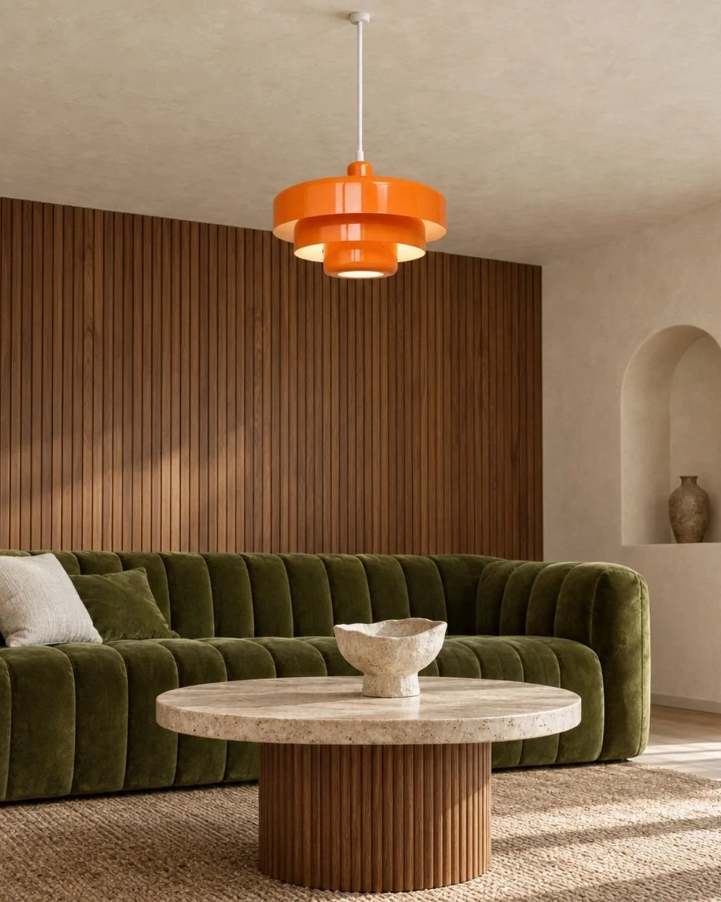 Orange tiered pendant light in living room