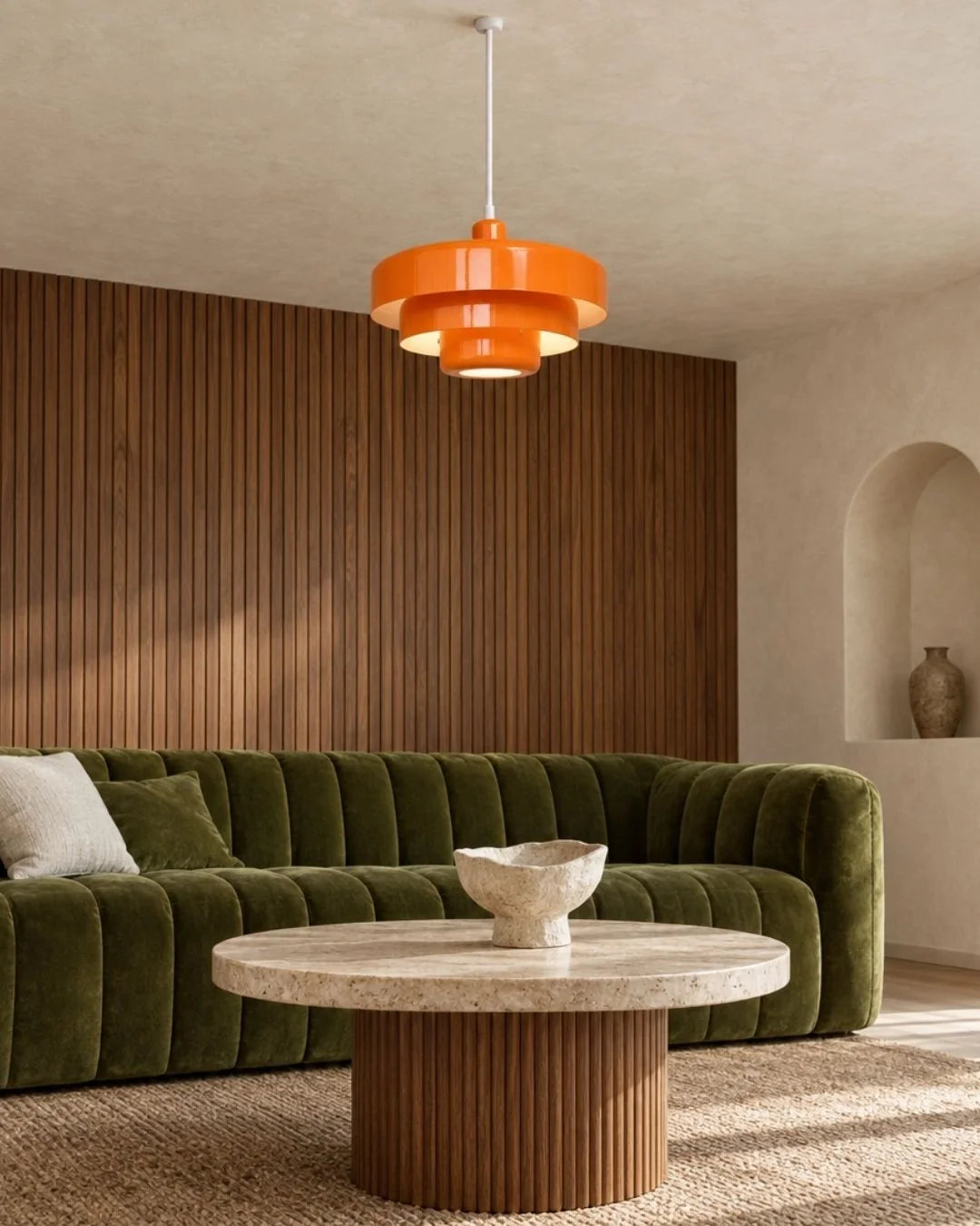 Orange tiered pendant light in living room