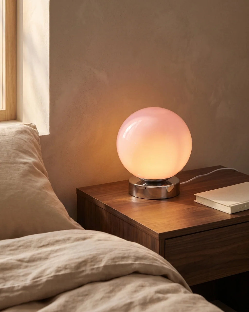 Pink globe lamp on nightstand