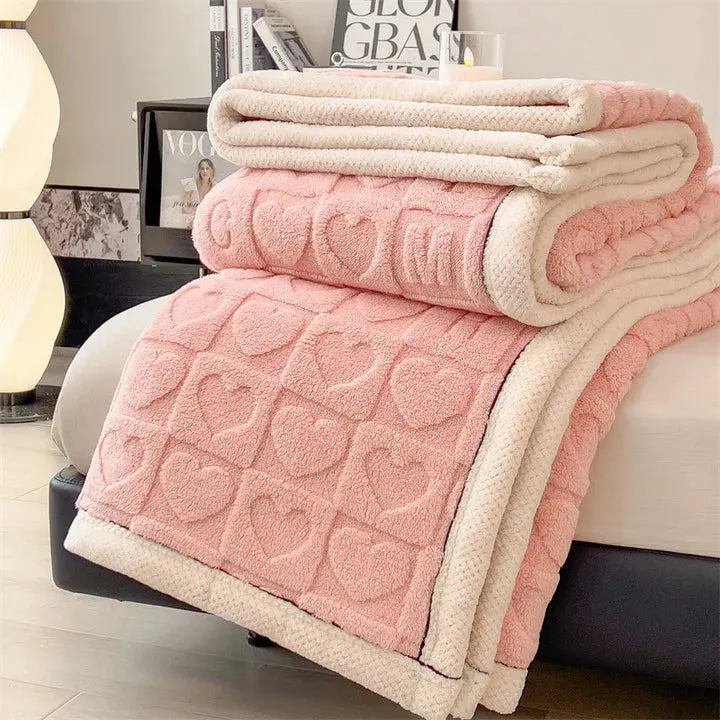 Pink heart embossed fleece blanket