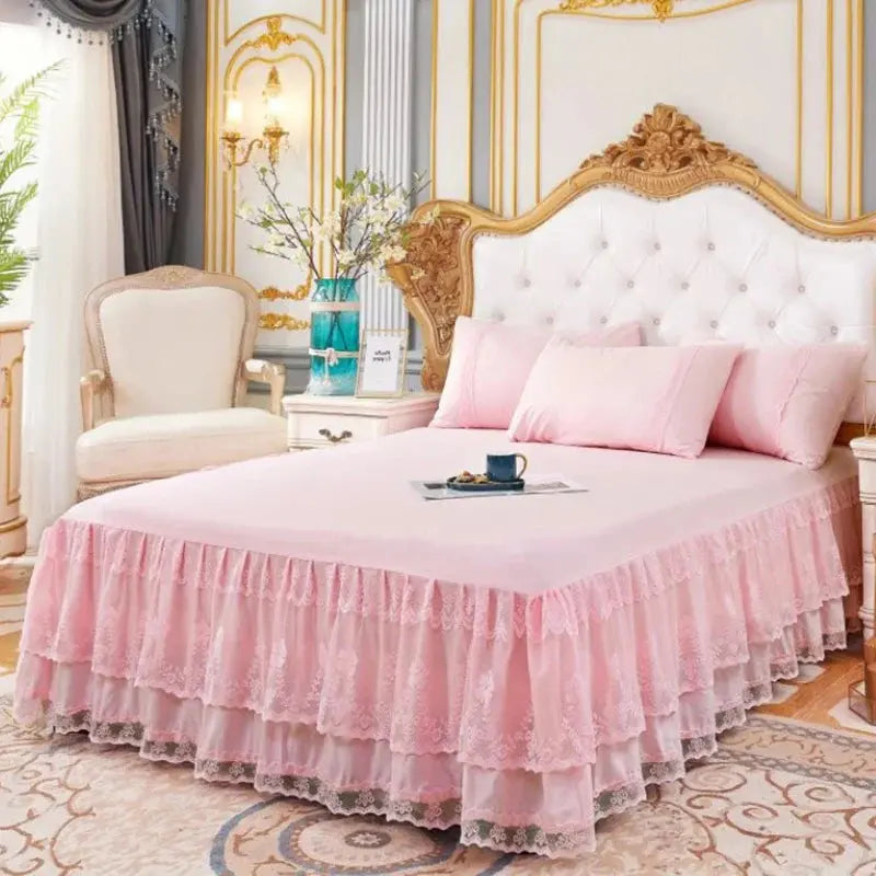 Pink lace ruffle bed skirt