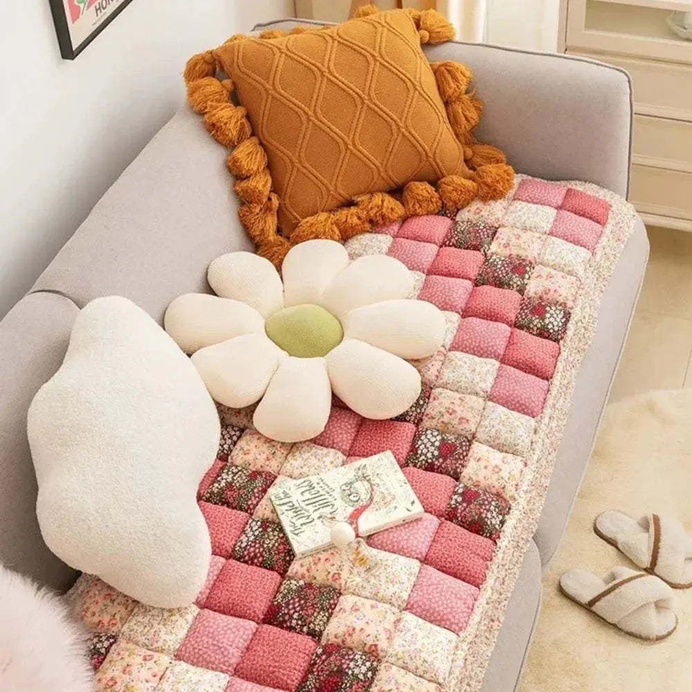 Pink patchwork sofa mat for pets with daisy pillow