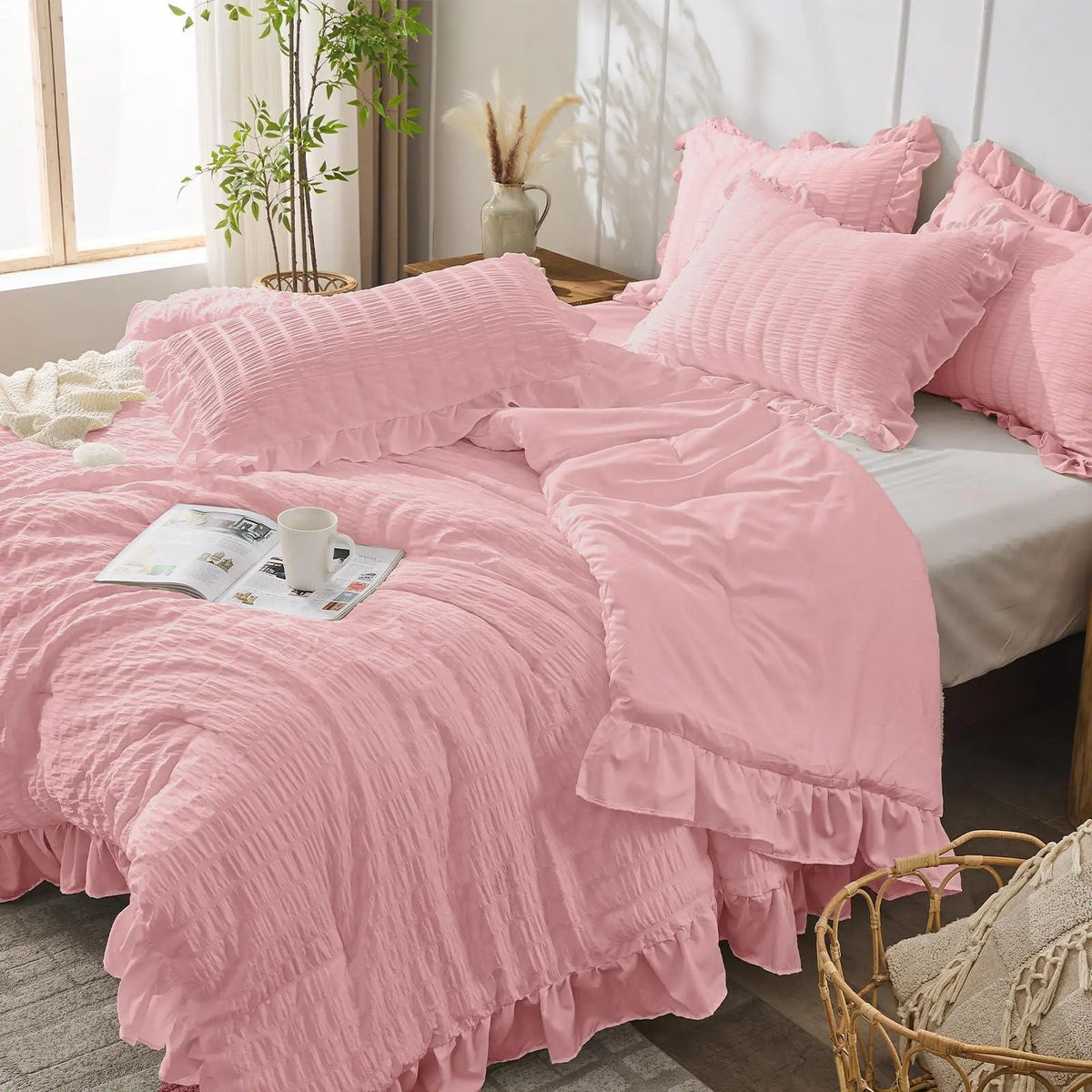 Pink seersucker ruffle bedding set