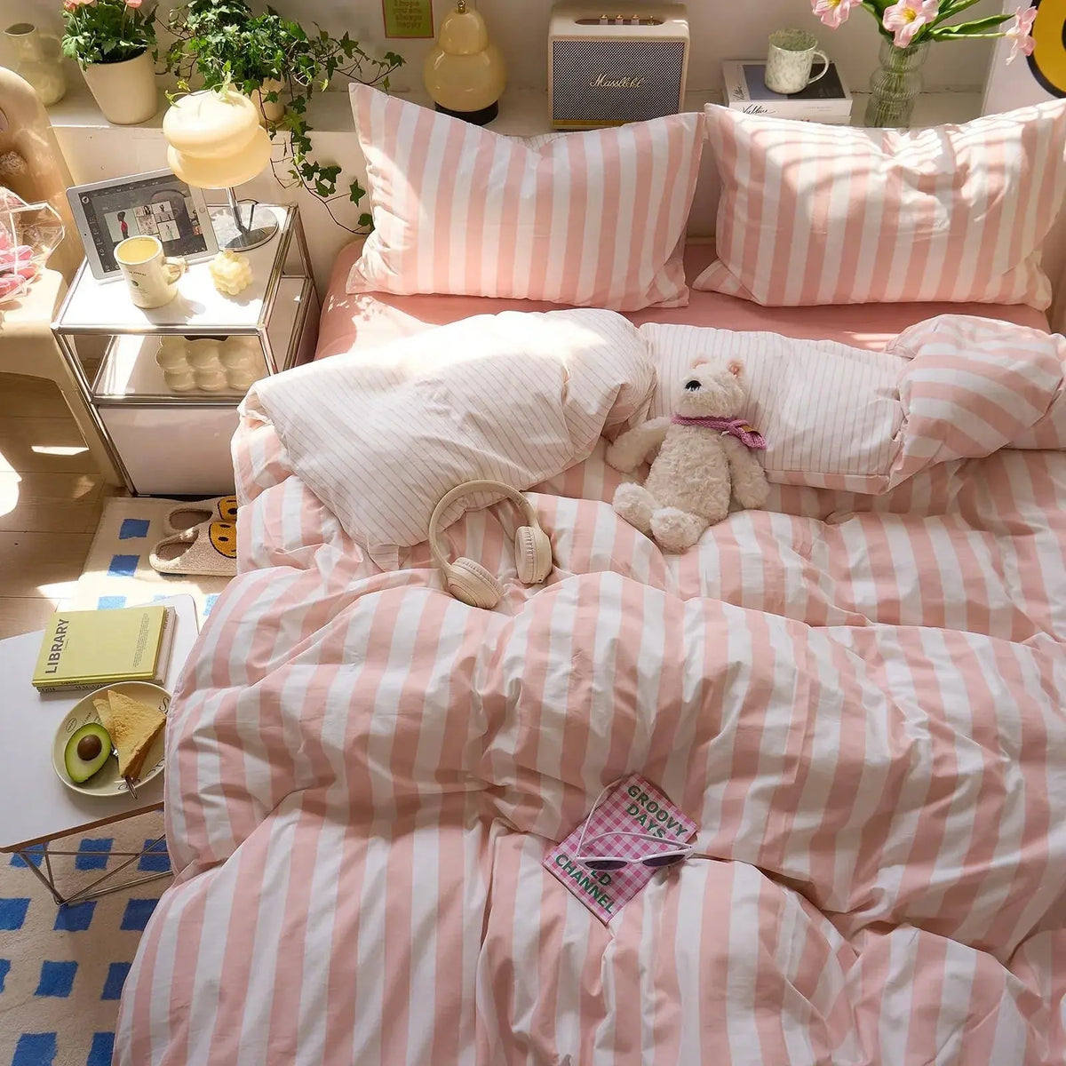 Pink striped washed cotton quilt set