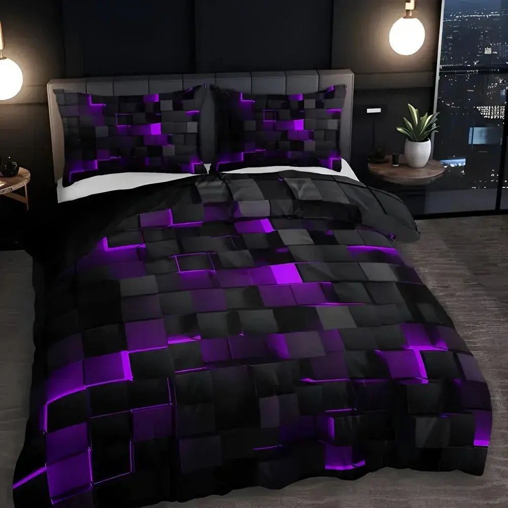 Purple 3D geometric comforter set on bed