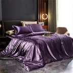 Purple satin bedding set on bed