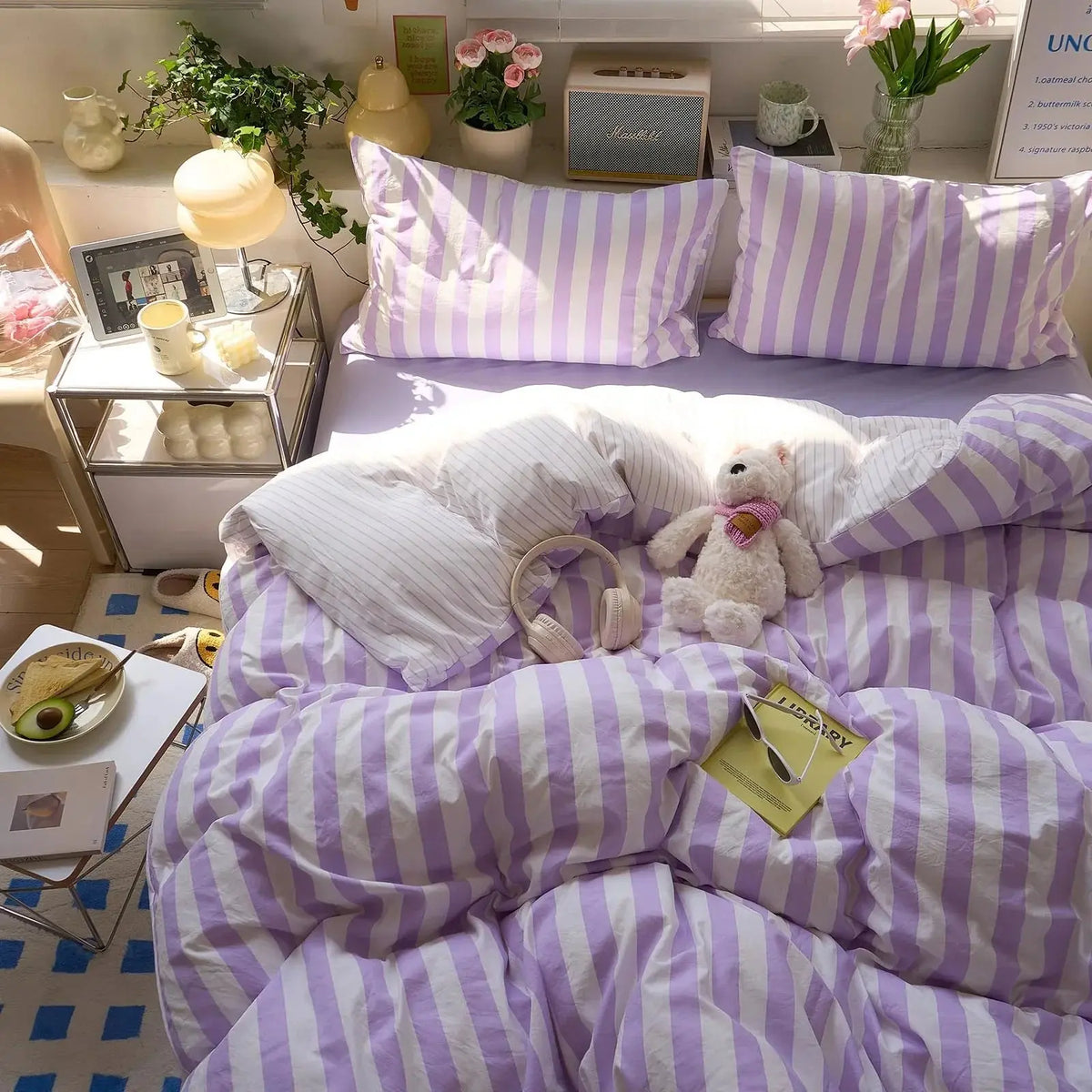 Purple striped washed cotton quilt set