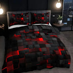 Red 3D geometric comforter set on bed