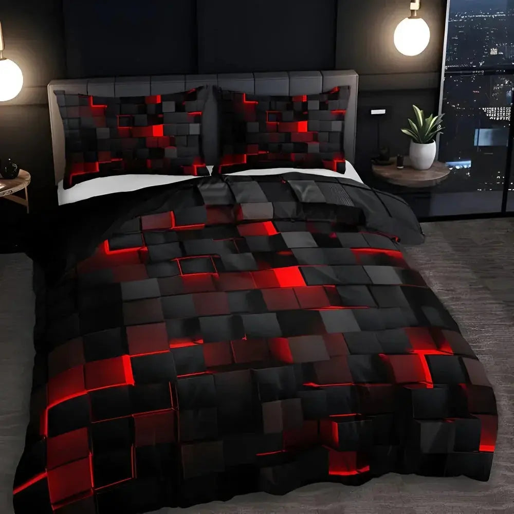 Red 3D geometric comforter set on bed