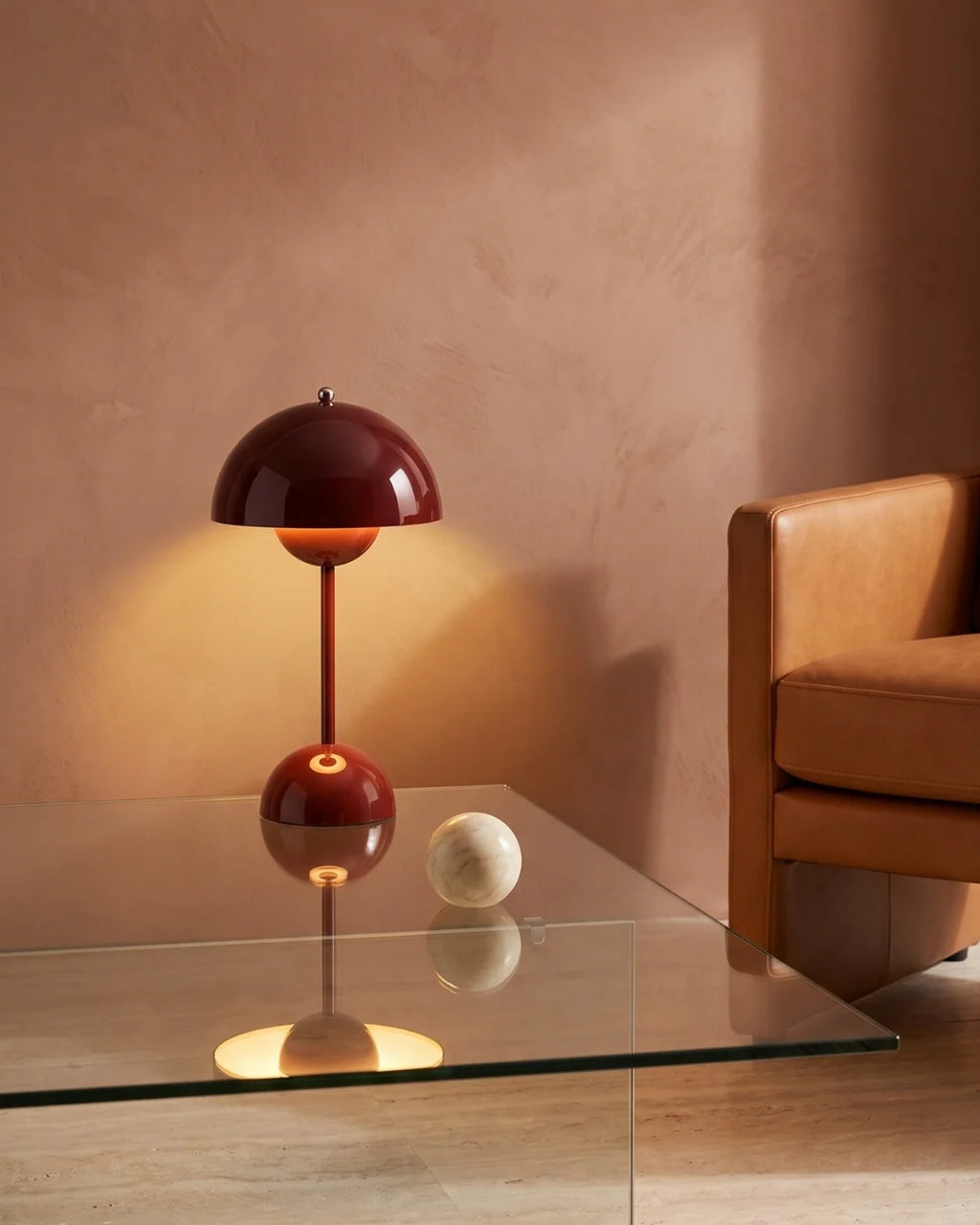 Red cordless lamp in living room