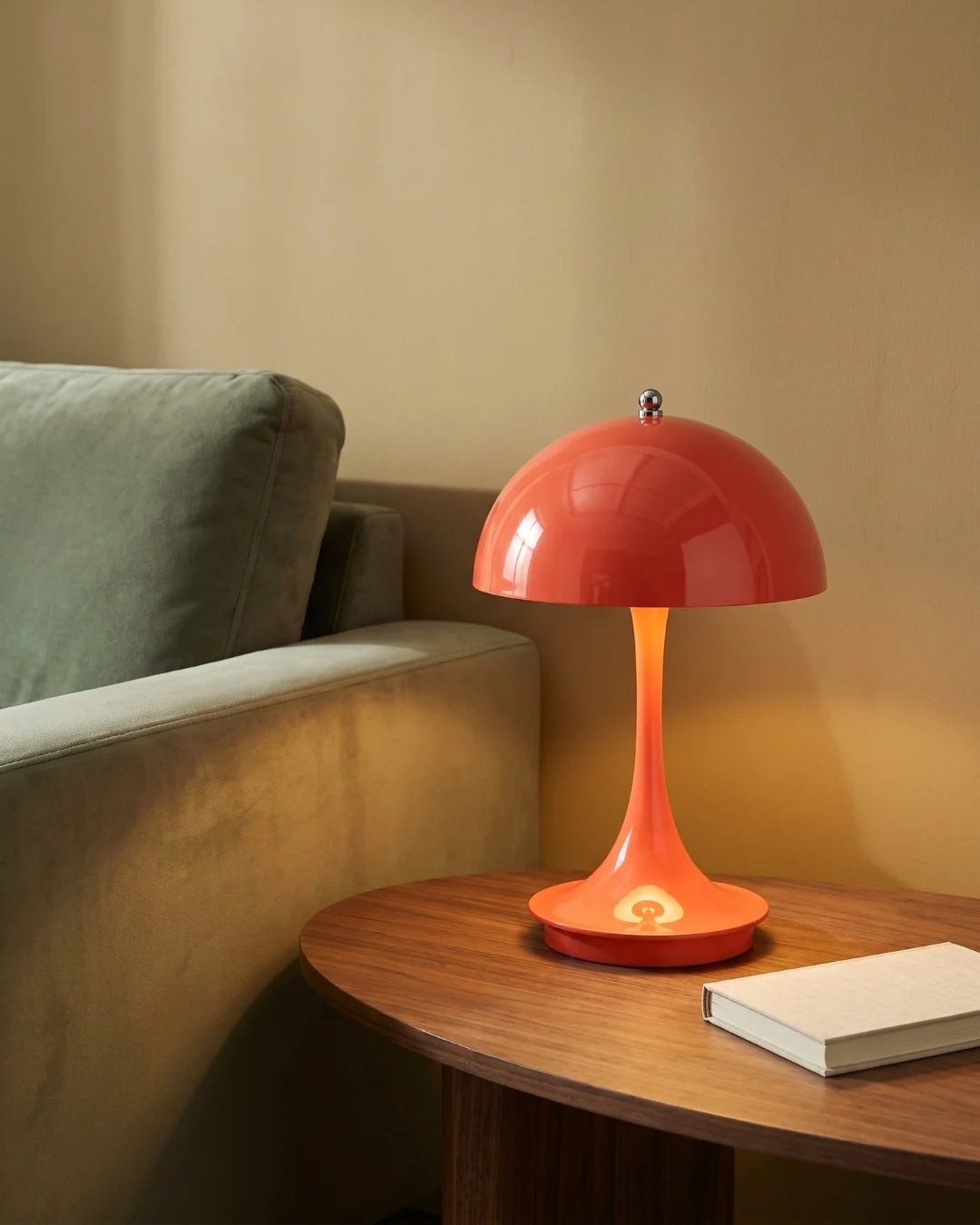 Red mushroom lamp on side table
