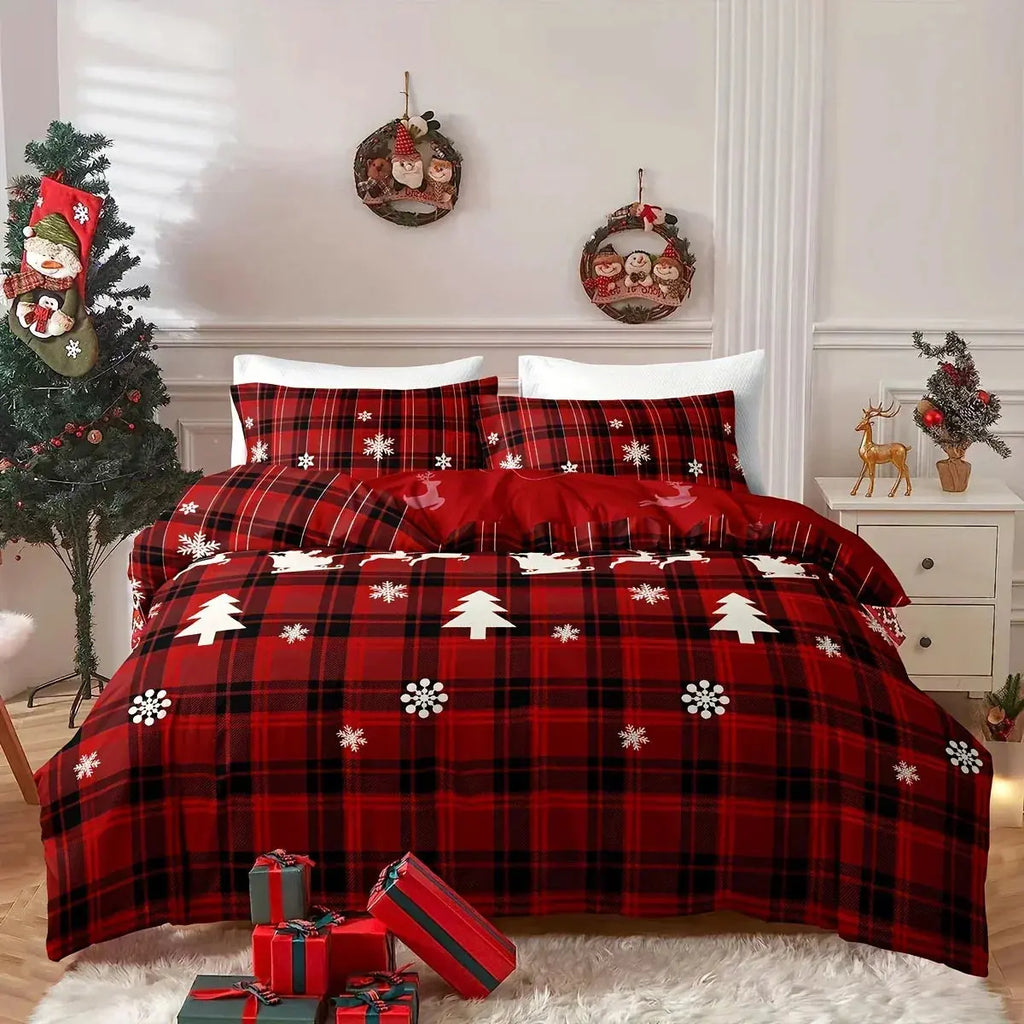Red plaid Christmas duvet cover set on bed