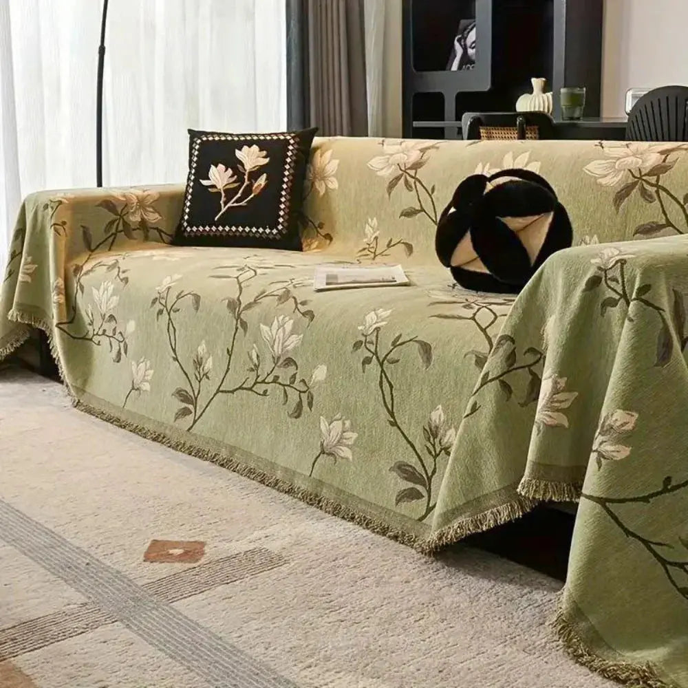 Sage green boho sofa throw with tassels