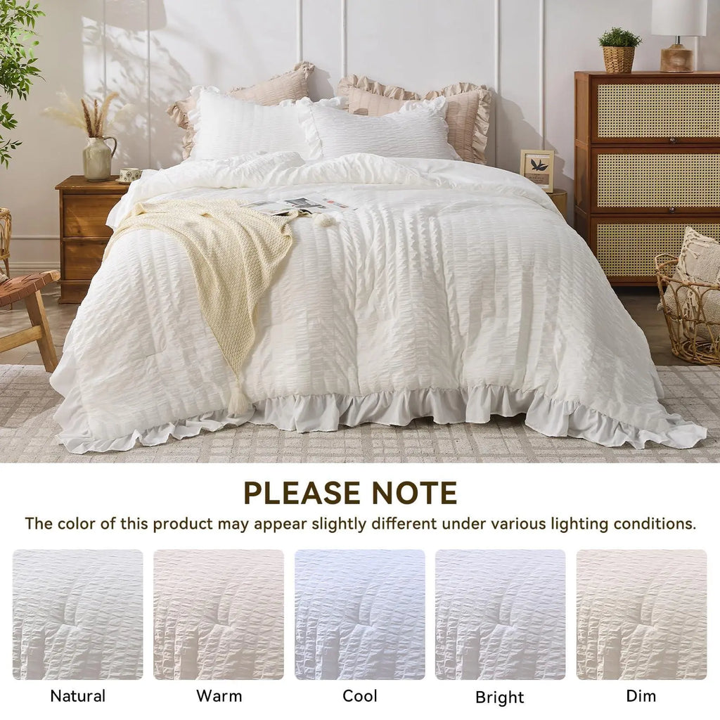 Seersucker bedding color in different lighting