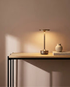 Silver cordless lamp on console table