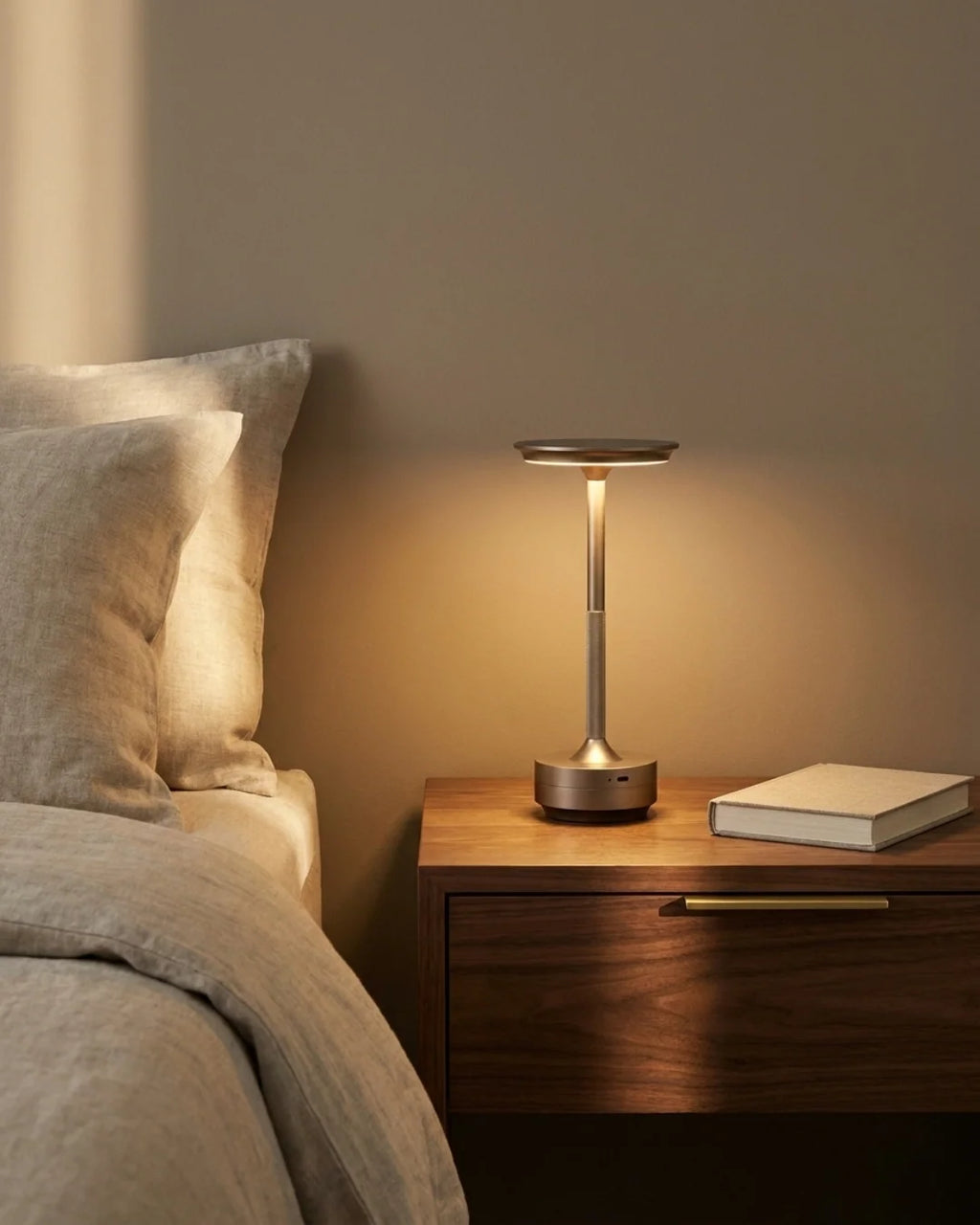 Silver cordless lamp on nightstand