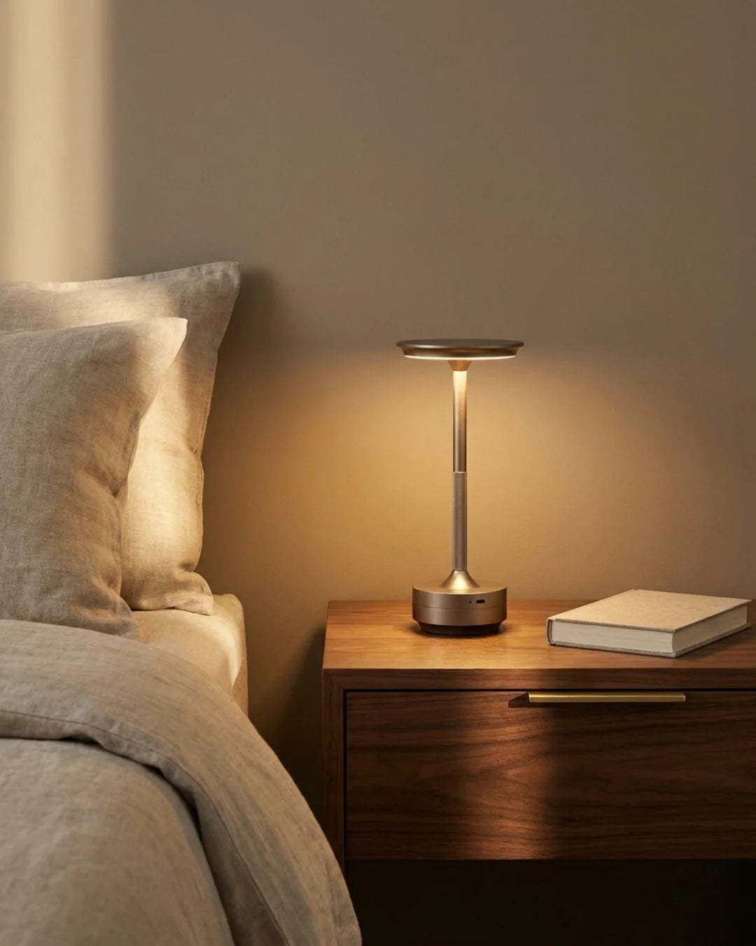 Silver cordless lamp on nightstand