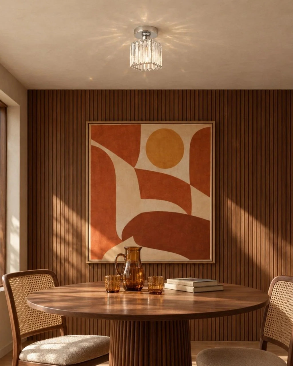 Silver crystal ceiling light over dining table
