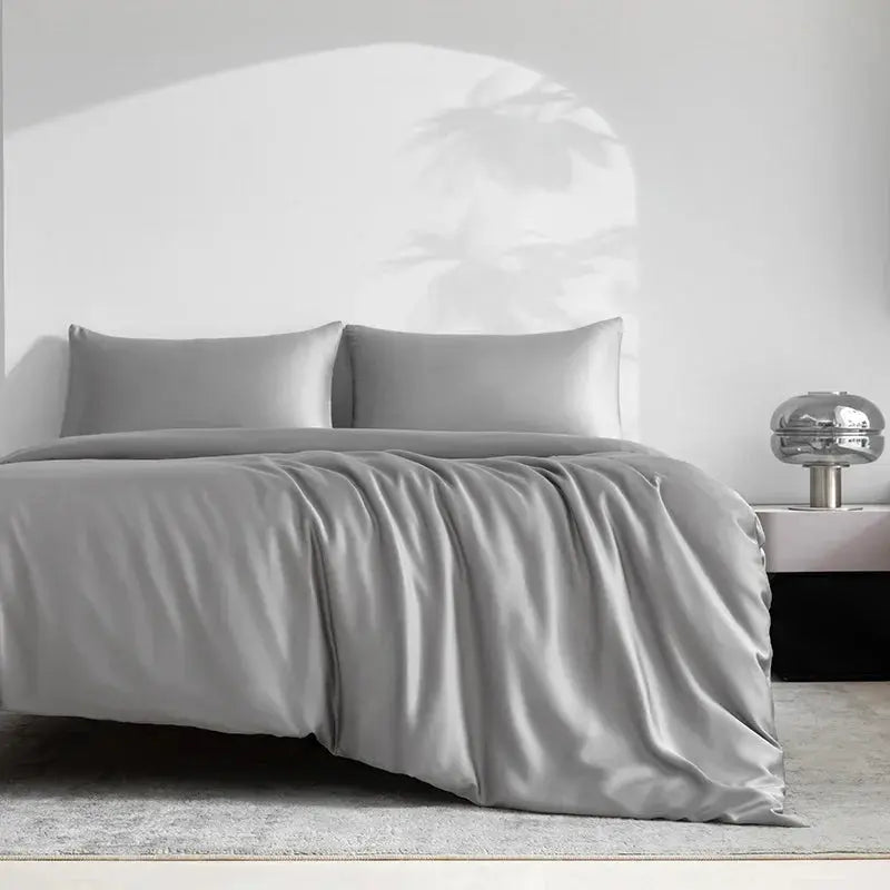 Silver gray bamboo sheet set on bed