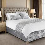 Silver gray crushed velvet bed skirt on bed