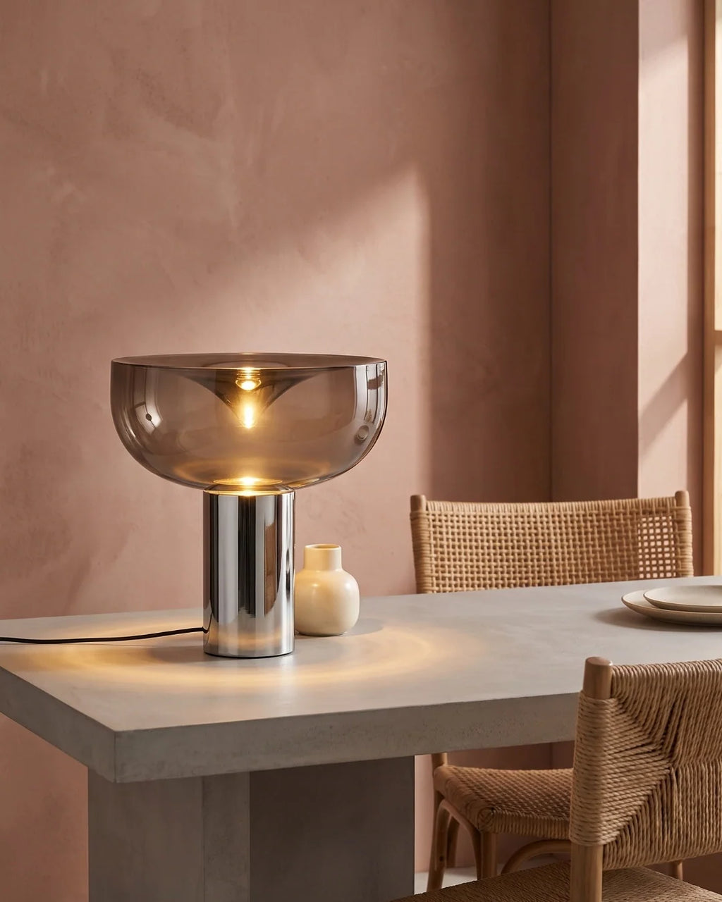 Smoked glass lamp on dining table