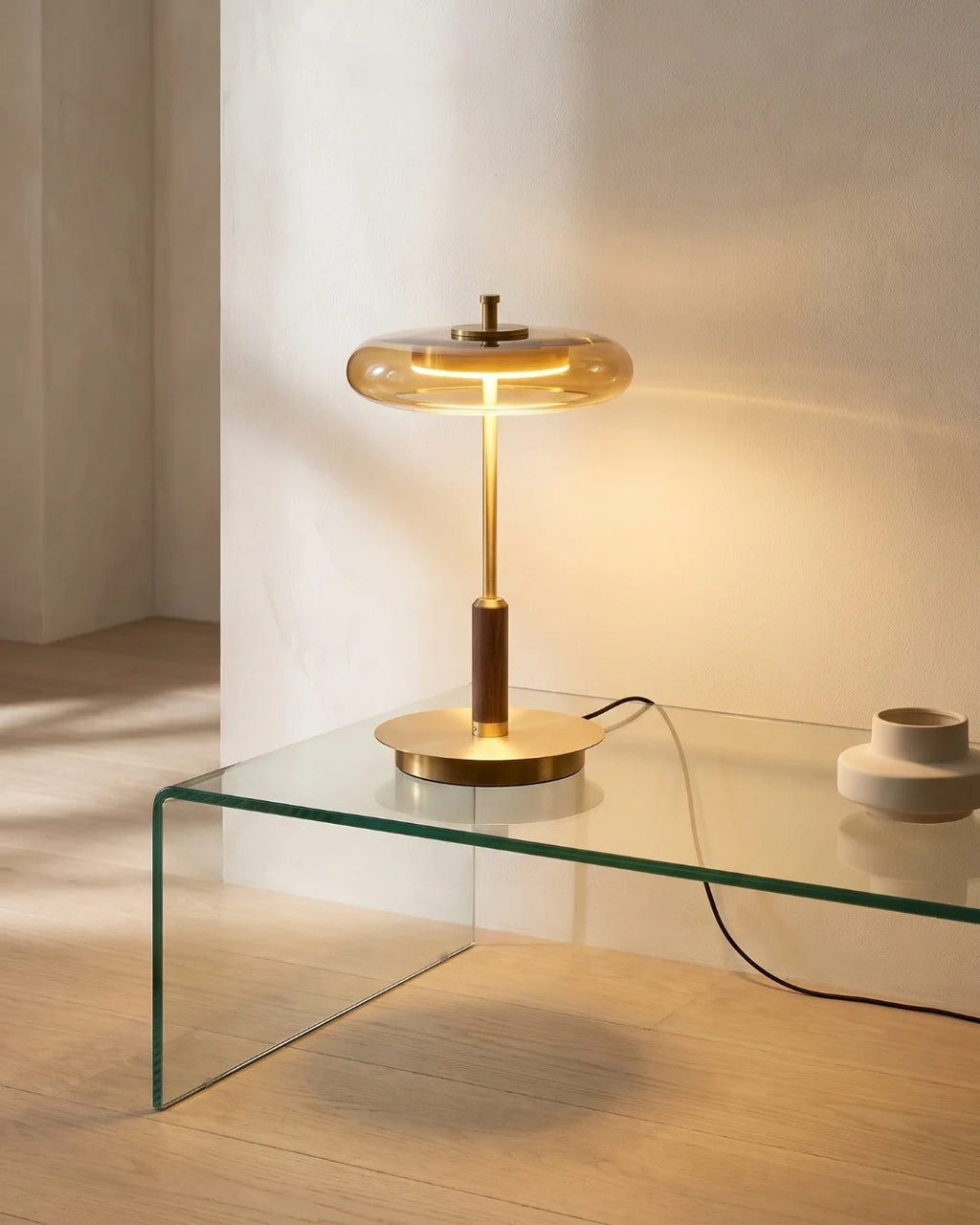 Smoked glass lamp on glass console