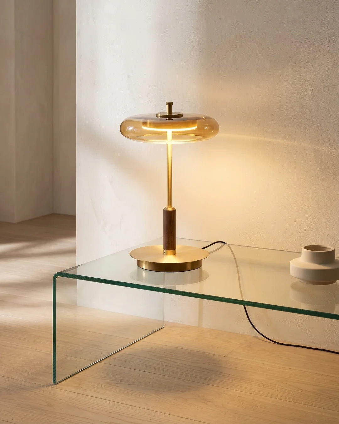 Smoked glass lamp on glass console