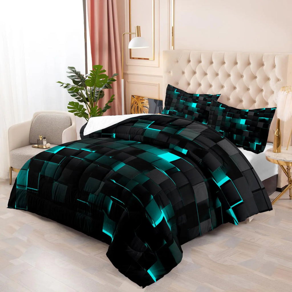 Teal geometric comforter set in modern bedroom