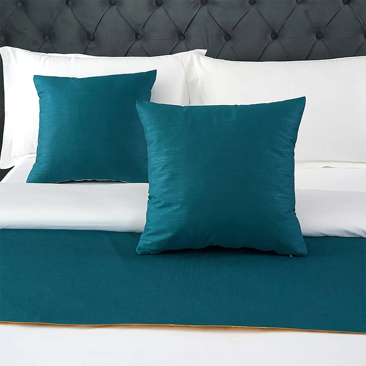 Teal velvet bed scarf with cushions