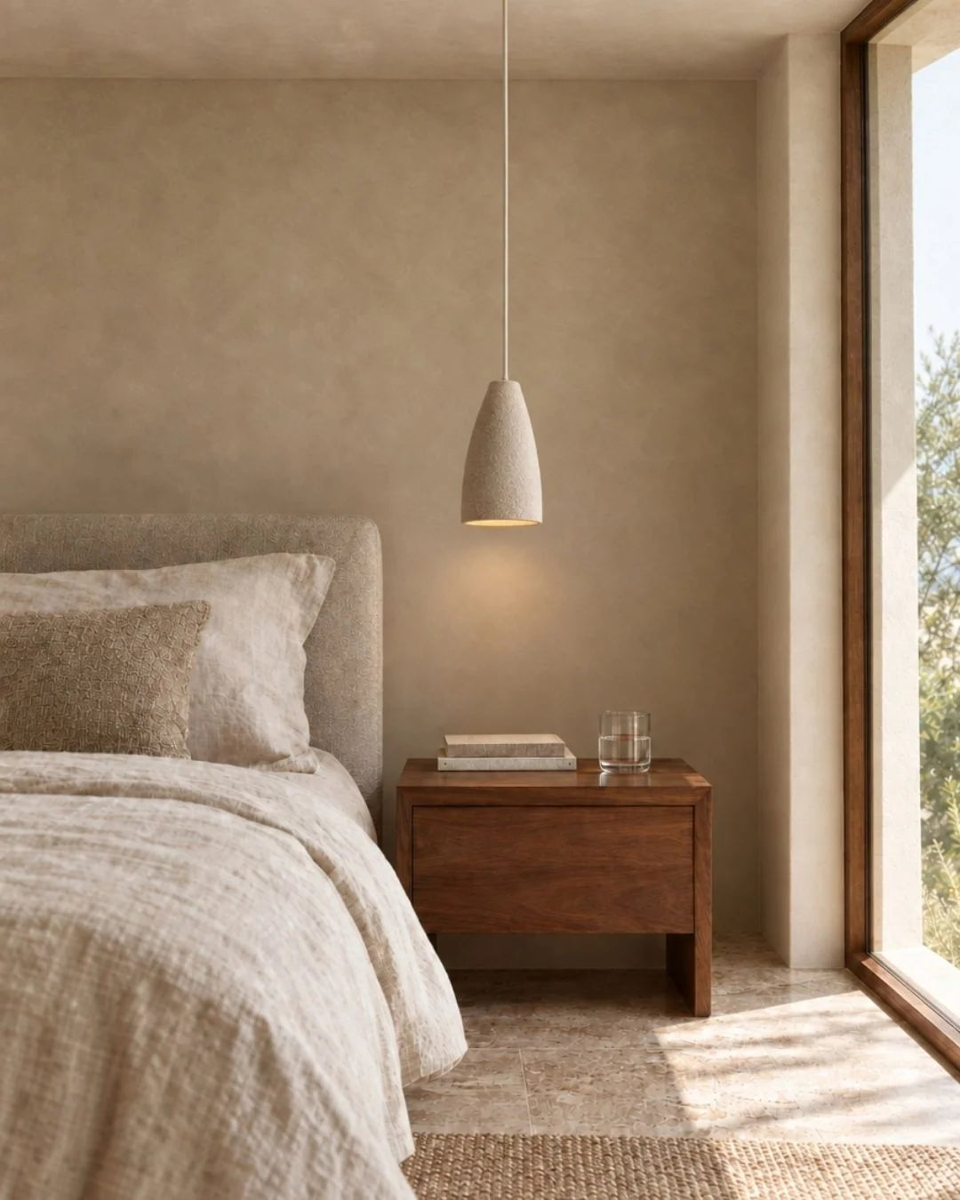 Textured pendant light by bed