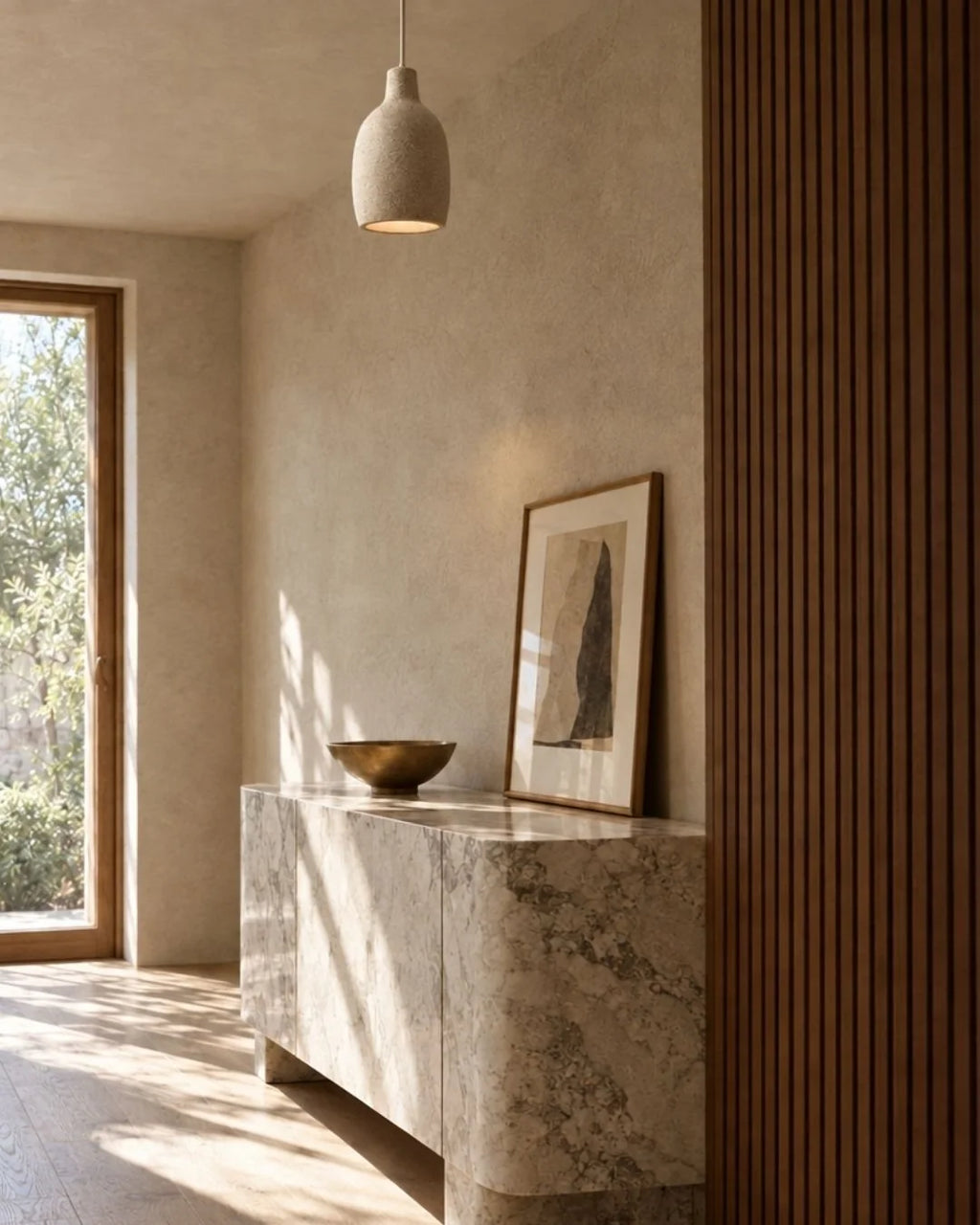 Textured pendant light in hallway