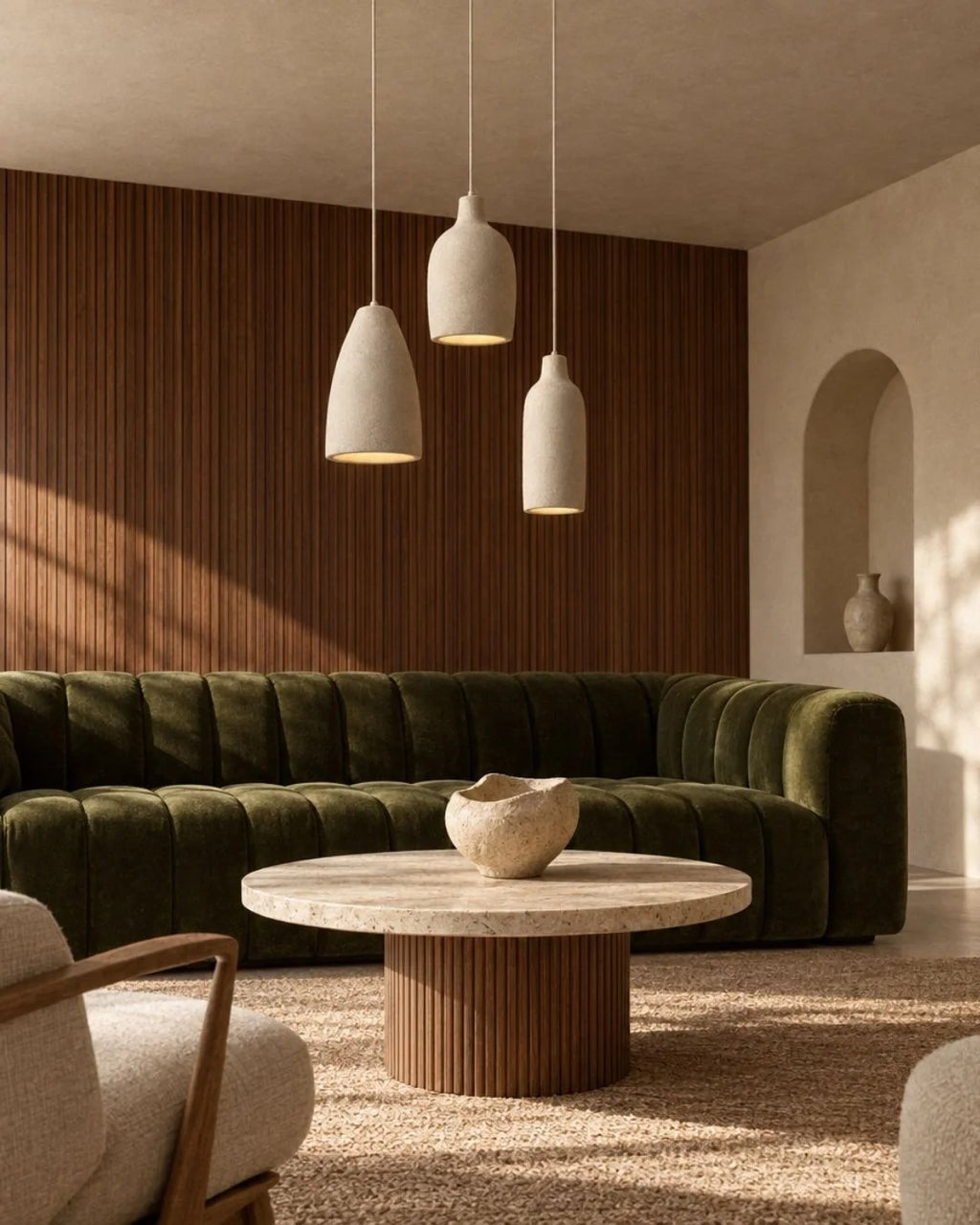 Textured pendant lights in living room