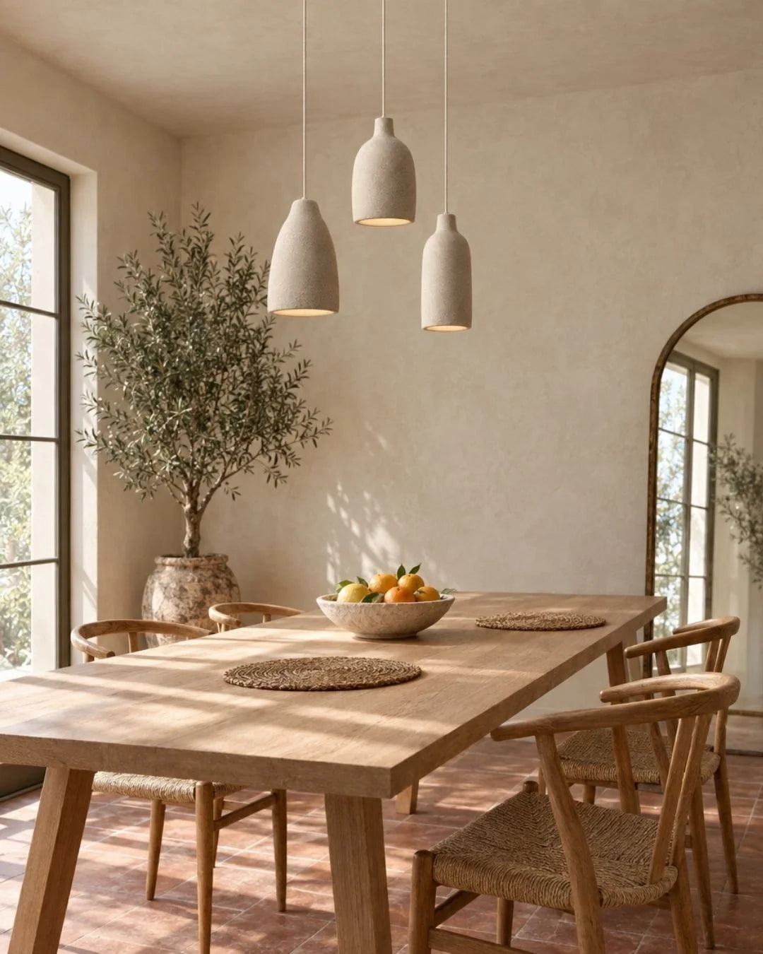 Textured pendant lights over dining table