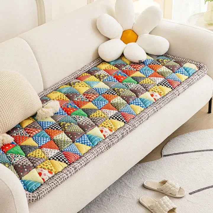 Thick padded patchwork sofa seat cover with daisy pillow