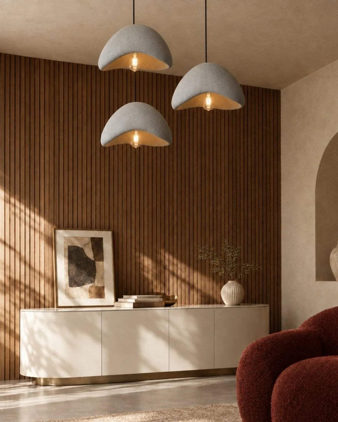 Three wabi sabi pendant lights over console
