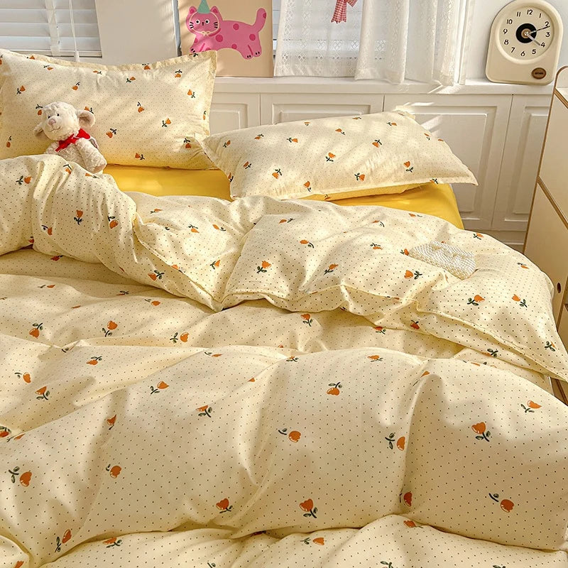 Tulip print bedding with teddy bear