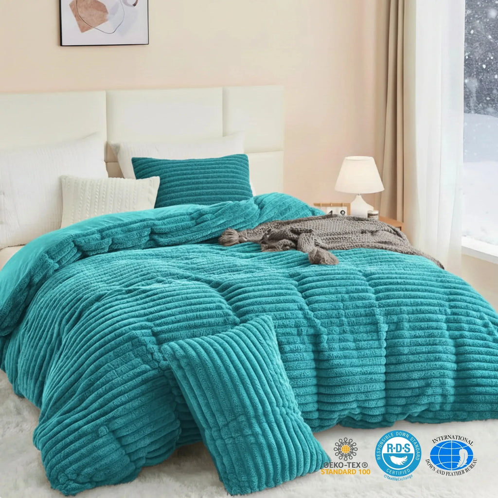 Turquoise striped fleece duvet cover set on bed