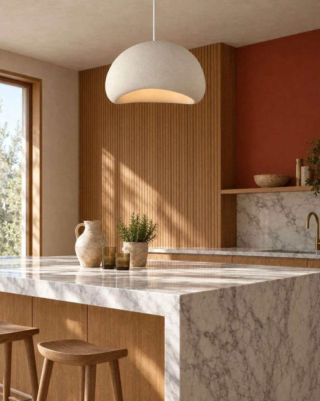 Wabi sabi pendant light over kitchen island