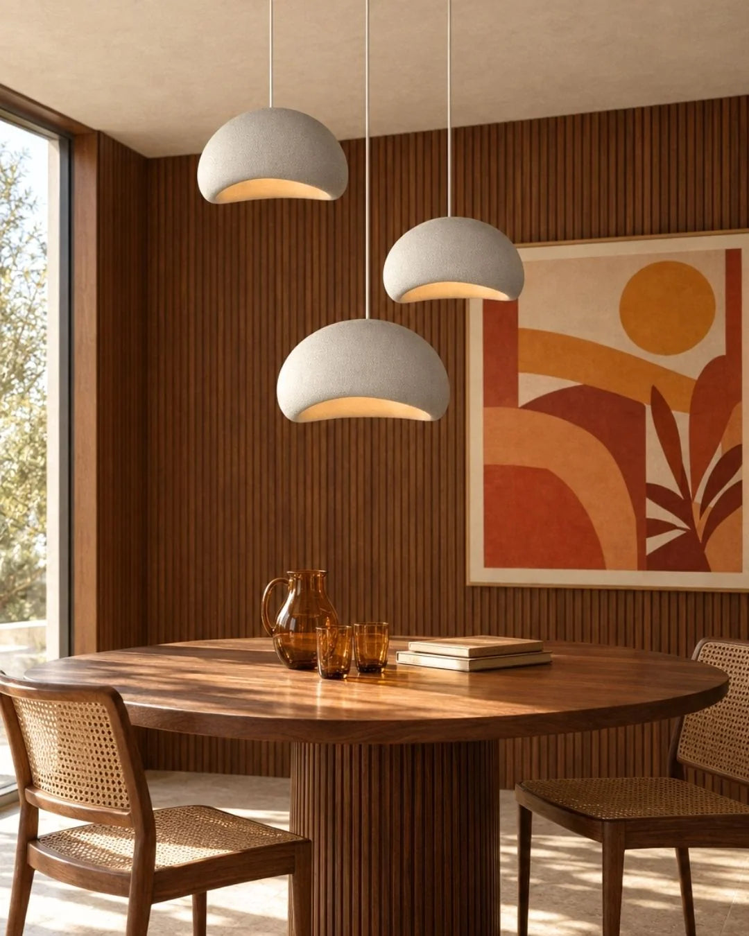Wabi sabi pendant lights over dining table