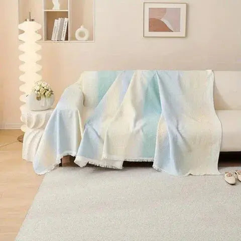 Waffle sofa throw blanket draped over couch