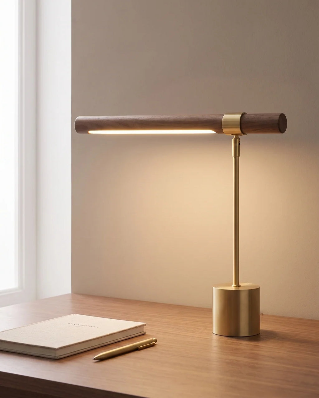 Walnut light bar desk lamp on desk
