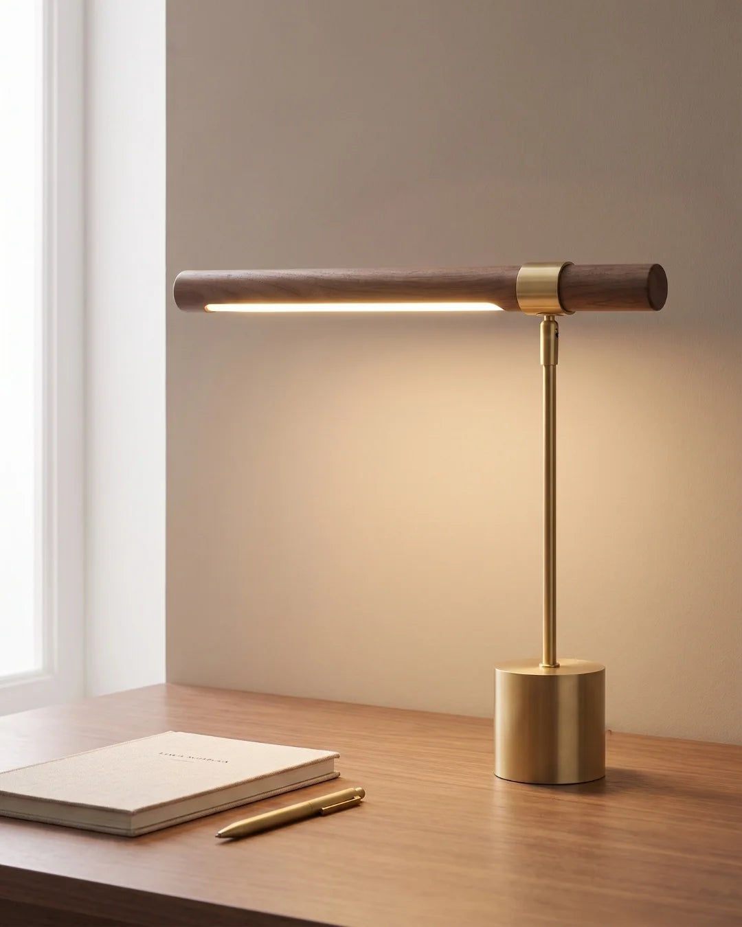 Walnut light bar desk lamp on desk