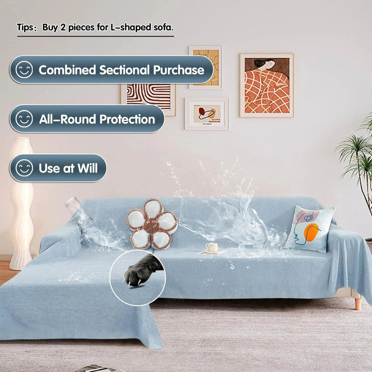 Waterproof sofa protector repelling spilled water on sectional