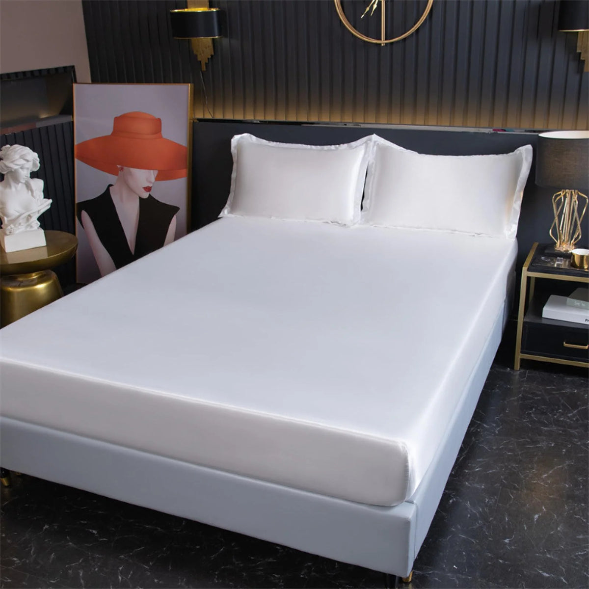 White bamboo fitted sheet on bed