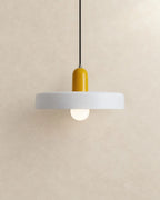 White Bauhaus pendant light with yellow holder