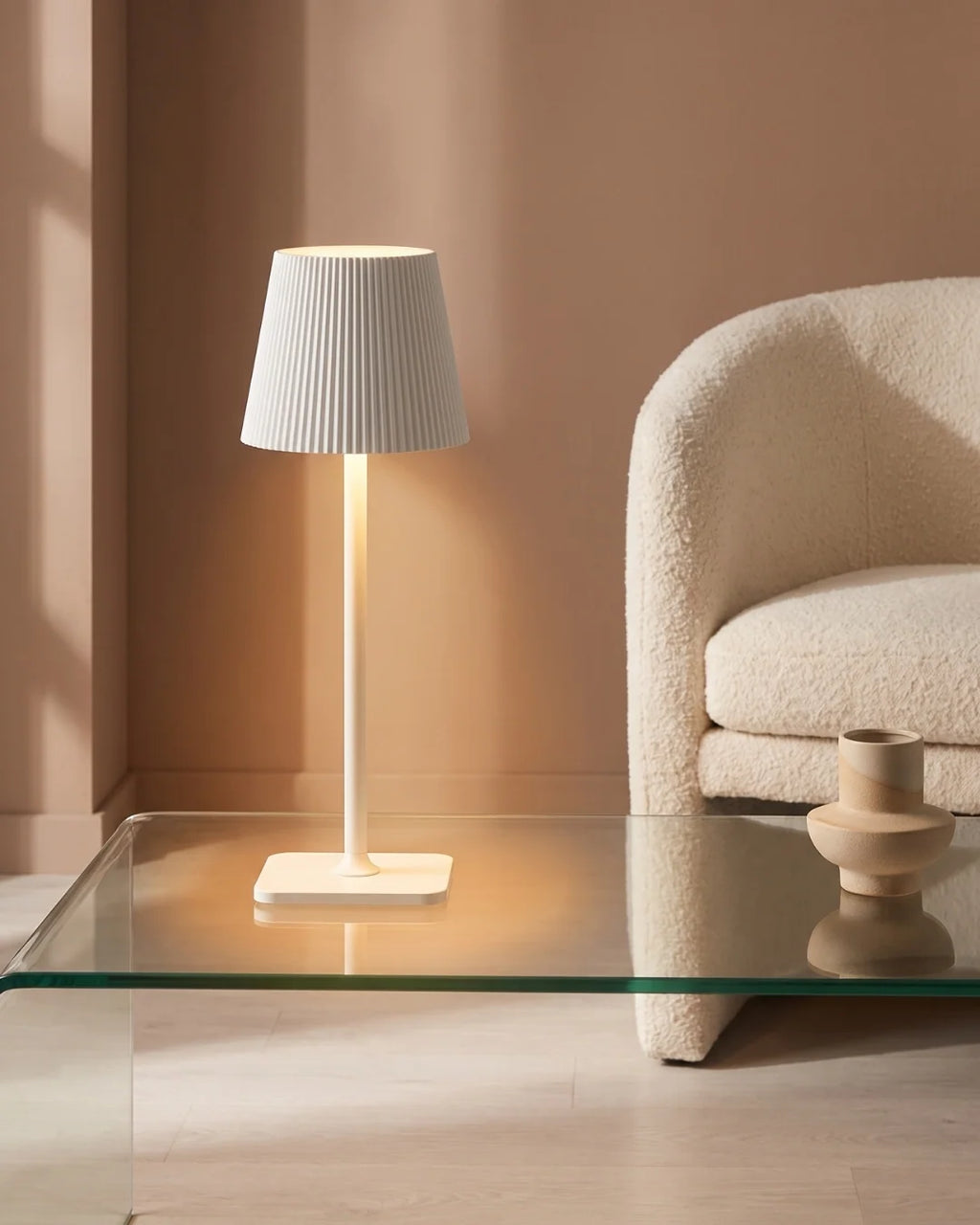 White cordless lamp on glass table